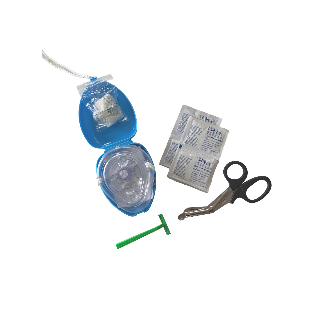 DEFI-READY-SET with respiratory mask, disposable razor, clothes scissors